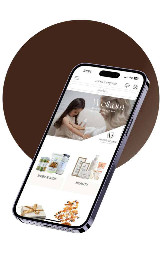 Mom’s Organic mobiele app met duizenden downloads, ontwikkeld op maat met UX-design en automatisering