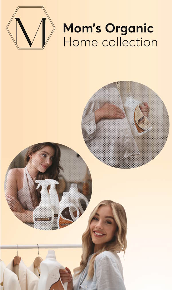 Branding en marketingmateriaal voor Mom’s Organic met posters, etiketten en visuele identiteit op maat